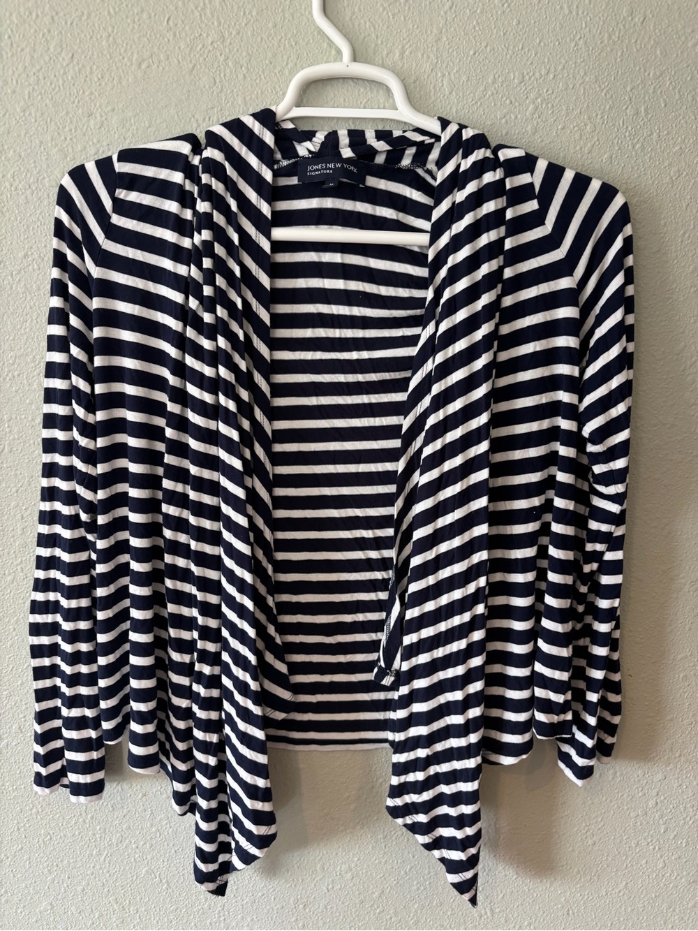 Jones New York Navy and White Striped Draped Open Cardigan